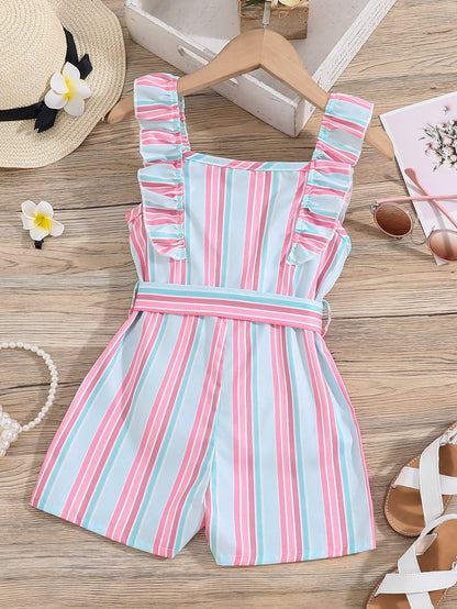 Girls Sleeveless Ruffle Trim Romper Striped Jumpsuit With Belt Kids Summer Clothes