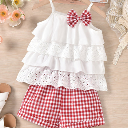 2pcs Ruffles Cami Top & Elastic Waist Plaid Shorts Set - Girls Summer Clothes with Flower Hollow Bow