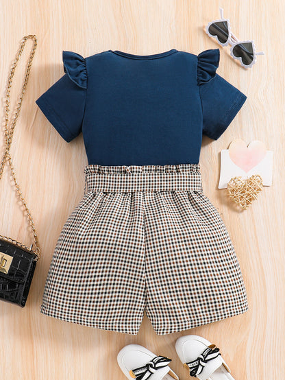 2pcs Girls Round Neck T-Shirt Ruffles Short Sleeves Tee Tops & Belted Plaid Shorts Set Summer Clothes