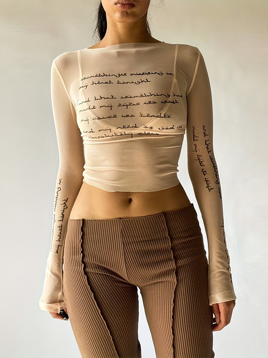 Trendy Letter Print Mesh Top - Fashionable & Breathable Semi-sheer Womens T-shirt - Long Sleeve Spring & Summer Essential