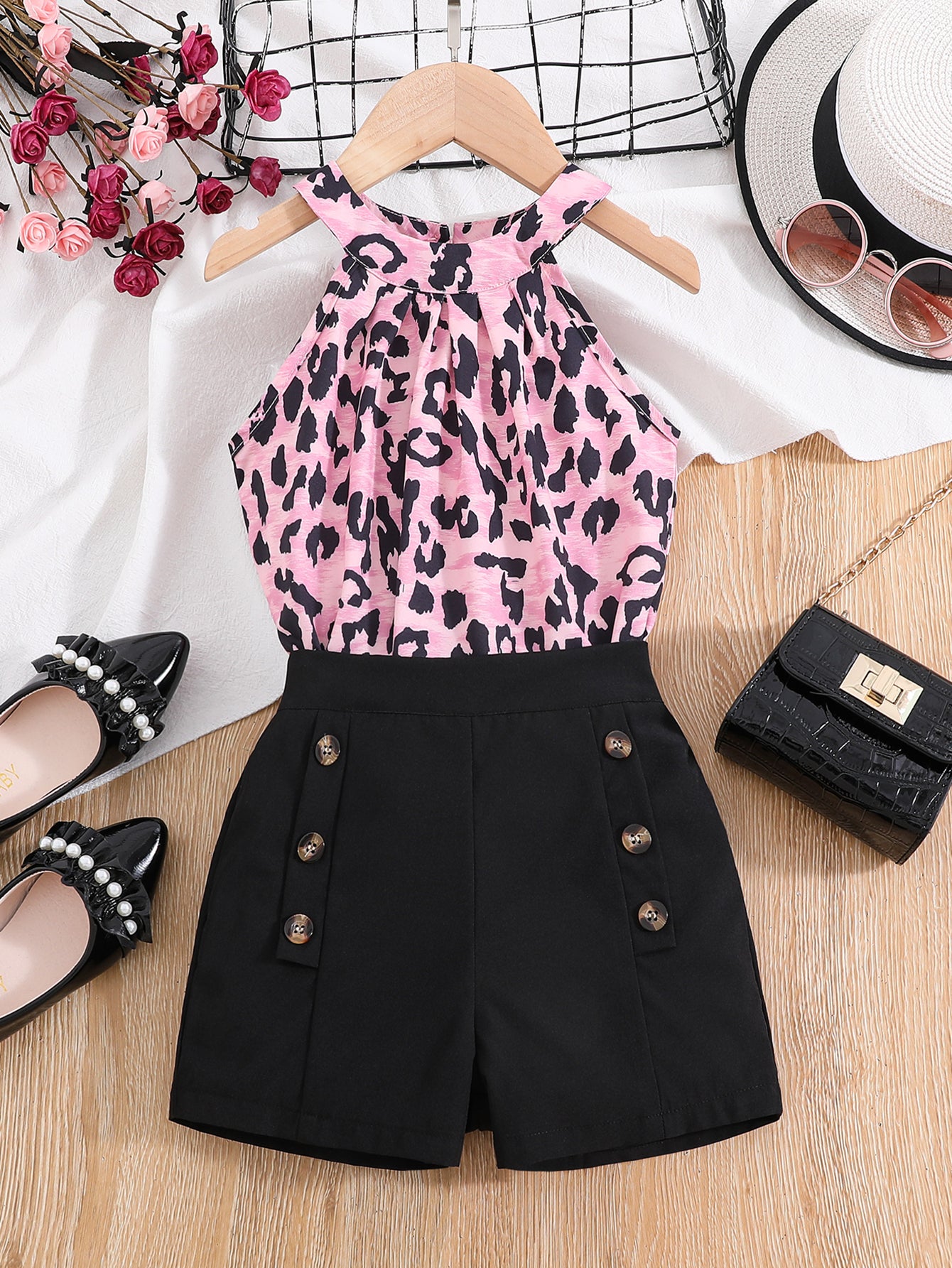 Girls Cold Shoulder Leopard Halter Top & Fake Button Shorts Set Kids Summer Clothes