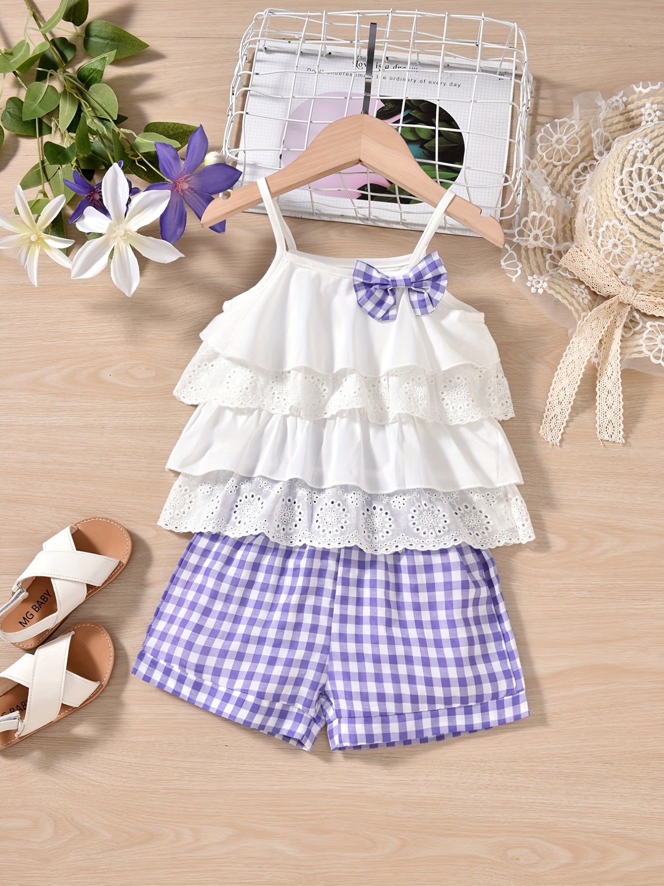 2pcs Ruffles Cami Top & Elastic Waist Plaid Shorts Set - Girls Summer Clothes with Flower Hollow Bow