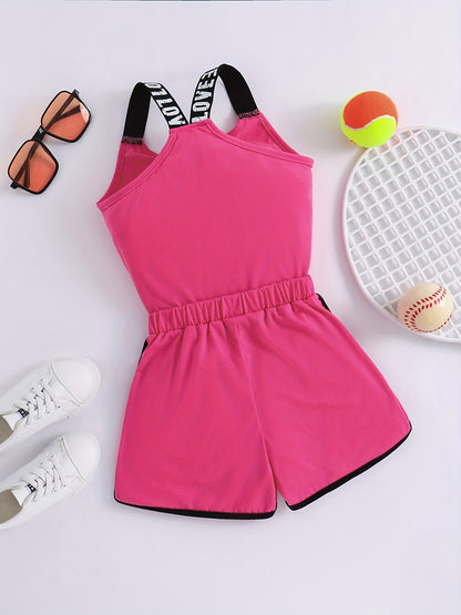 2pcs Toddler Girls Heart And "LOVE" Graphic Letter Tape Cami Top & Bow Contrast Binding Track Shorts Set Kids Summer Clothes