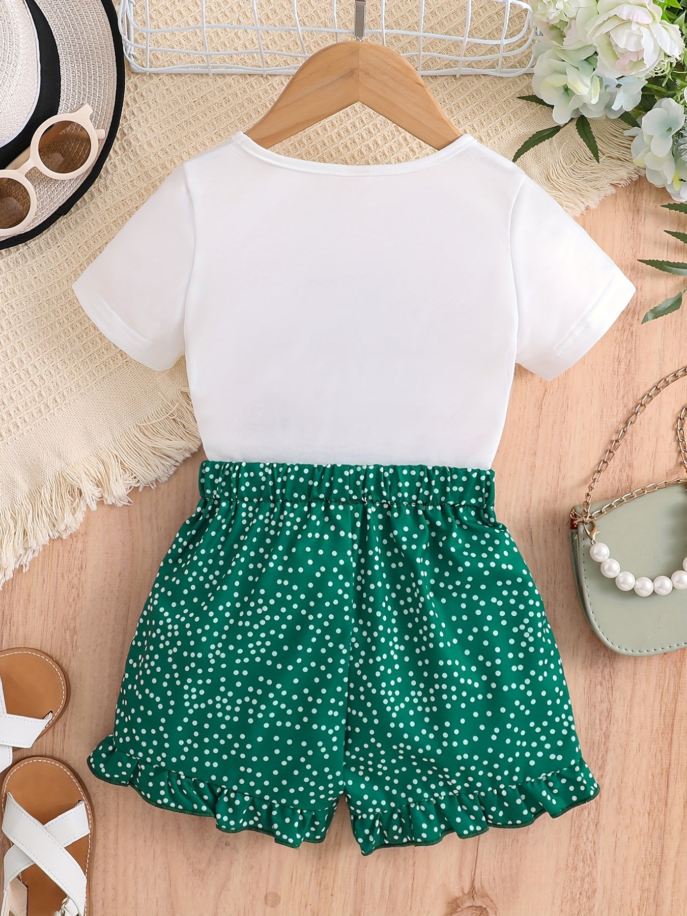 2pcs Girls Cute Cat Graphic Bow T-Shirts Round Neck Short Sleeve Tees Top & Elastic Waist Polka Dots Ruffled Hem Shorts Set Kids Summer Clothes