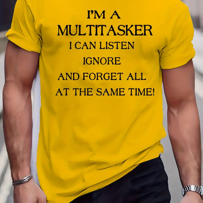 Men's Plus Size Beige T-Shirt - "I'm a Multitasker" Humorous Print, Casual Mid-Stretch Crew Neck, Short Sleeve, Ideal for Summer, Youth Casual Top|Humorous Print Tee|Nontransparent Material, PLUS SIZE