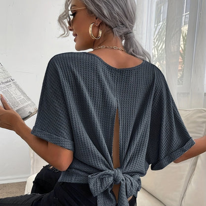 Lightweight Waffle Knit Tie-Back T-Shirt - Chic Casual Short Sleeve Top for Spring & Summer - Perfect Womens Fashion Essential
