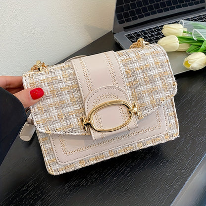Mini Plaid Pattern Tweed Bag, Buckle Decor Shoulder Square Bag, Chain Crossbody Flap Purse For Everyday