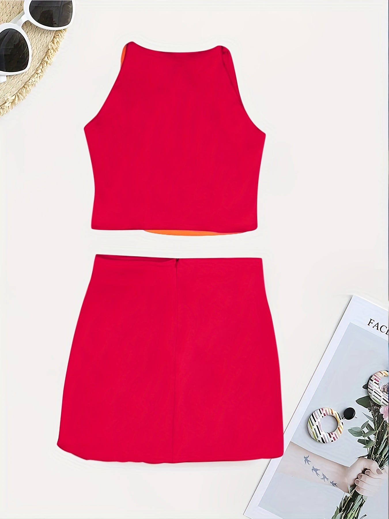 Beaded Color Block 2 Piece Set, Sexy Crop Halter Top & Asymmetrical High Waist Skirt, Women's Clothing