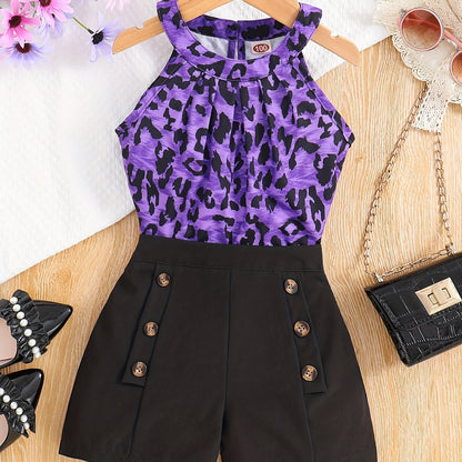 Girls Cold Shoulder Leopard Halter Top & Fake Button Shorts Set Kids Summer Clothes