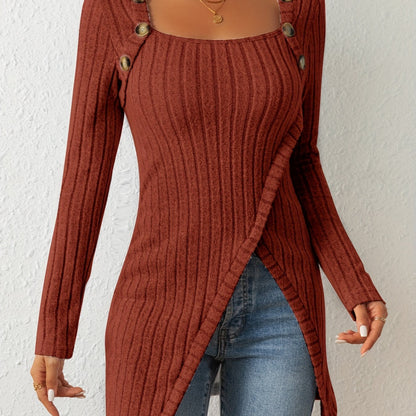 Button Decor Asymmetrical Hem T-Shirt, Casual Ribbed Long Sleeve Top For Spring & Fall, Women's Clothing
