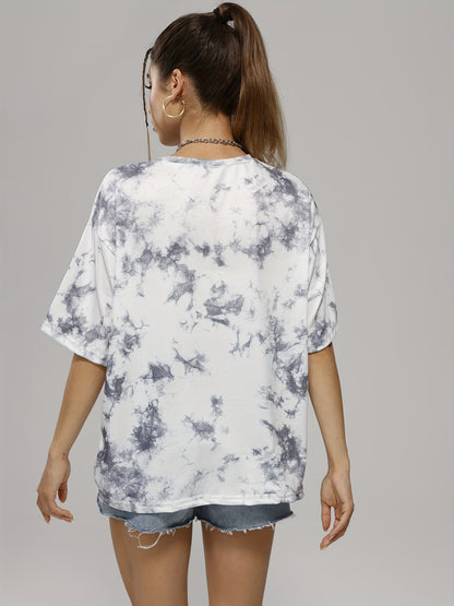 Women's Tie Dye Letter Graphic Tee, Casual Loose Sports Crew Neck T-shirt, Women's Tops