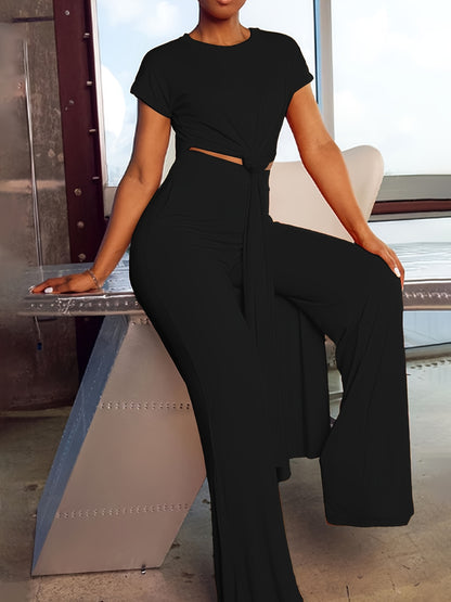 Two-Piece Casual Matching Set - Crew Neck Split T-Shirt & Wide Leg Pants Outfit with Micro Elasticity, Polyester Fabric, Solid Color, and Knit Construction for All Seasons