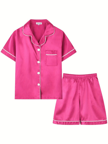 2pcs Girls Pajamas Outfit V-neck Button Casual Short Sleeve Top & Elastic Waist Shorts Set Kids Summer Clothes