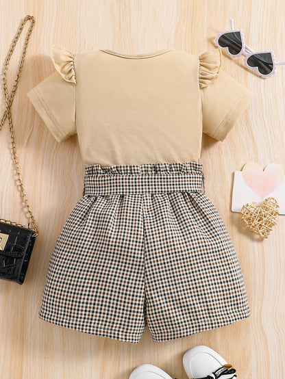 2pcs Girls Round Neck T-Shirt Ruffles Short Sleeves Tee Tops & Belted Plaid Shorts Set Summer Clothes