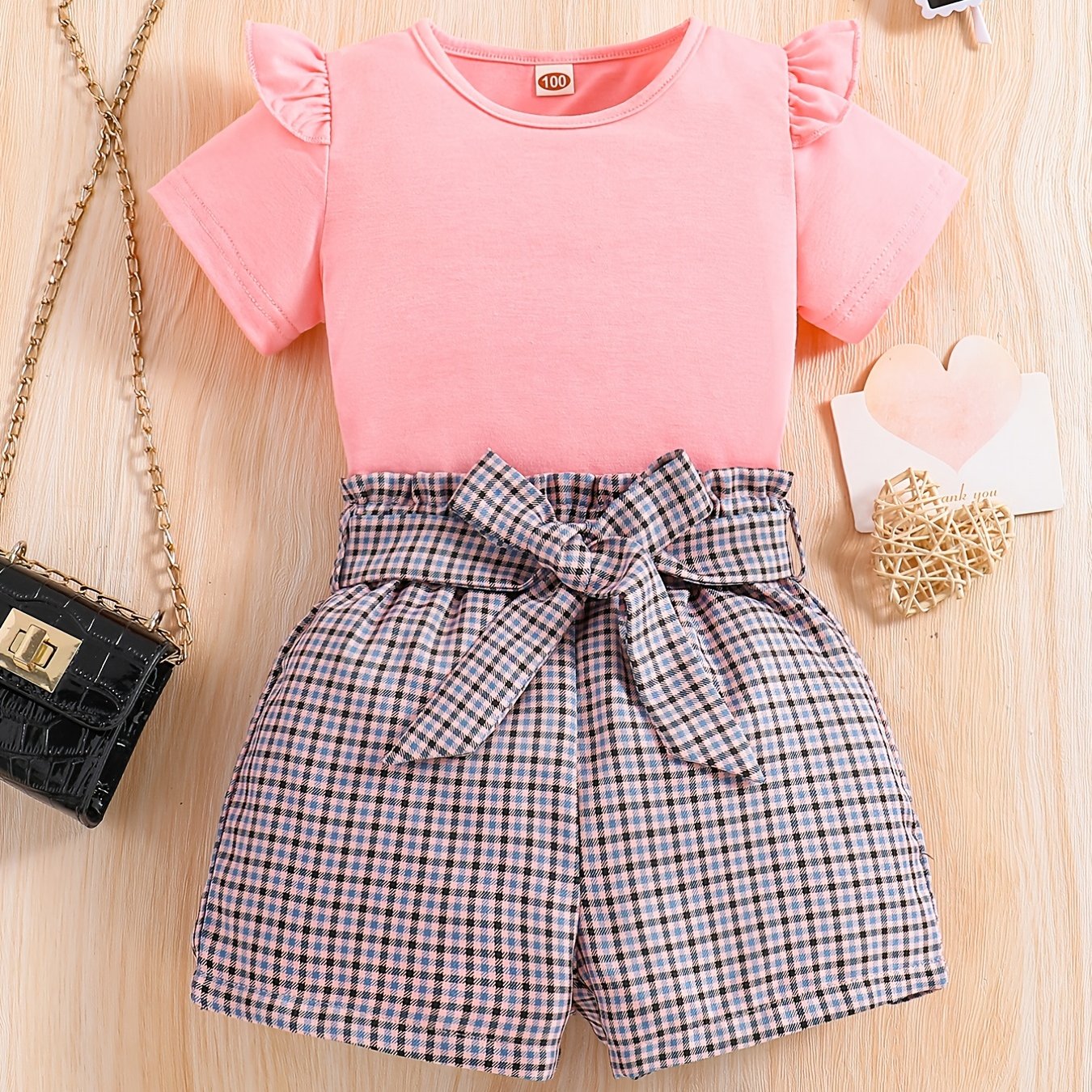 2pcs Girls Round Neck T-Shirt Ruffles Short Sleeves Tee Tops & Belted Plaid Shorts Set Summer Clothes