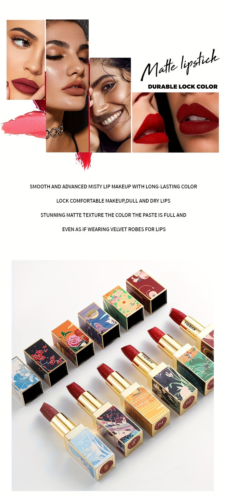 Enchanting Luxurious Matte Velvet Lip Collection - Hydrating, Long-Lasting, Seamless Finish - A Fashionable Chinese Traditional Printed Gift for Women, Perfect for Valentines Day & Lunar New Year Celebrations