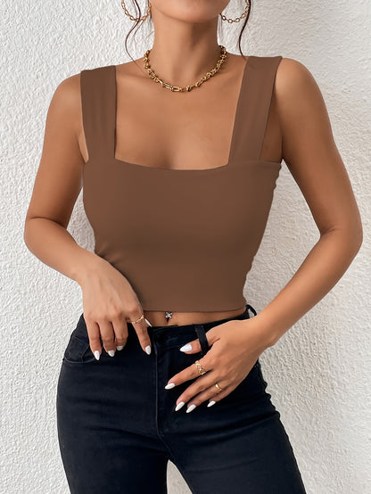 Stretchy Women's Crop Tank Top - Casual Everyday Essential - Soft, Breathable, Sleeveless, Solid Color, Comfortable, Relaxed Fit, Women's Clothing