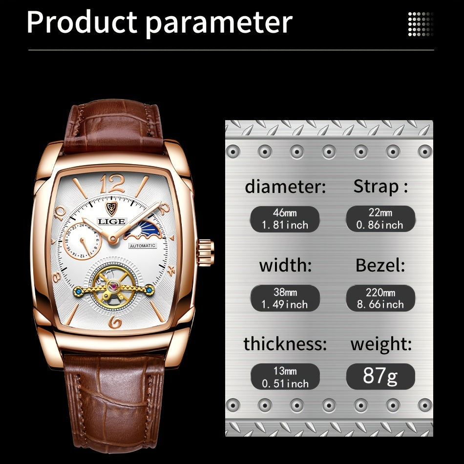 LIGE 2023 Vintage-Inspired Mechanical Men's Watch – Waterproof, Rectangular Leather Timepiece, Perfect Gift