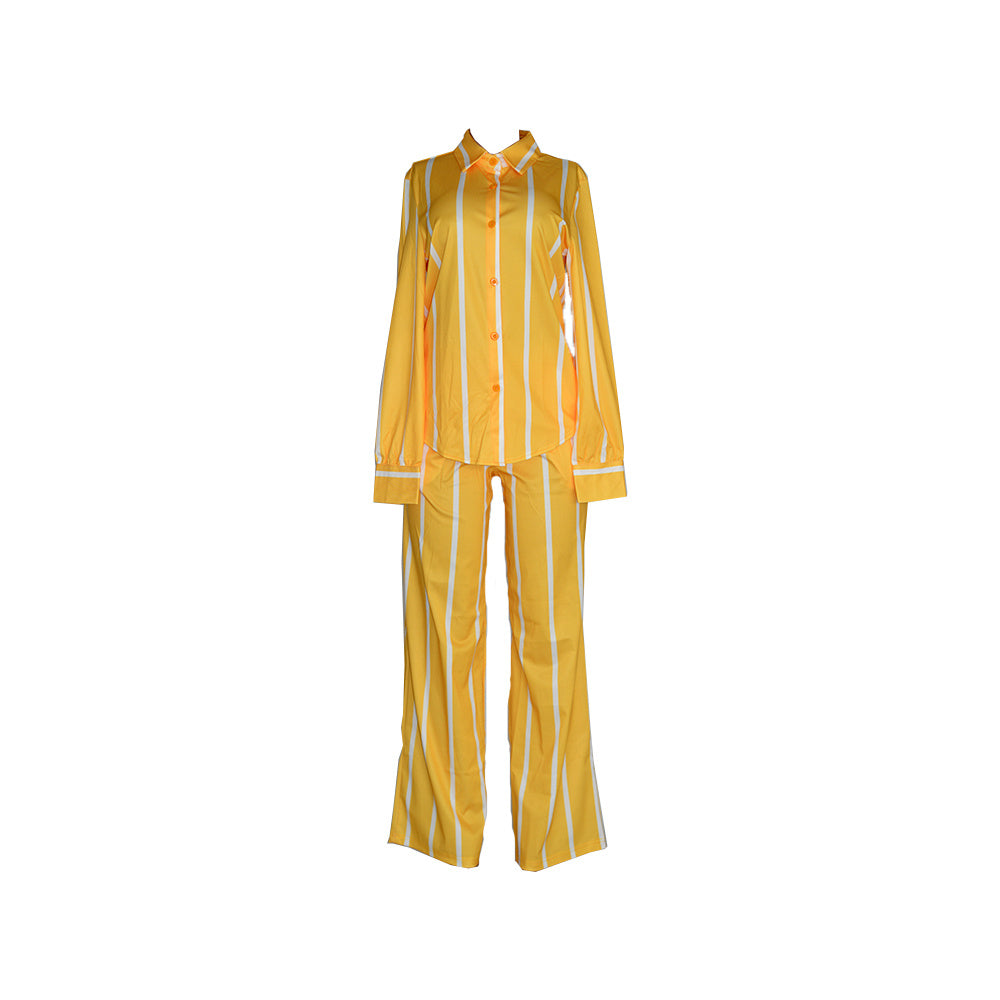 [Two-piece Set Long Sleeve Shirt] Striped Print Two-piece Set, Button Front Collar Long Sleeve Shirt & High Waist Wide Leg Loose Pants Set, Women's Clothing