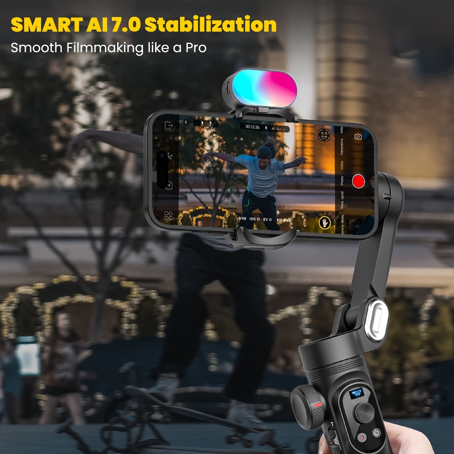Smart X Pro Combo1 Gimbal Stabilizer - 3-Axis Professional Smartphone Stabilizer with RGB Fill Light, Extension Rod, OLED Display, Wireless Charging for iPhone 15/14/13 Pro Max, Galaxy S22, and More - Perfect for Smooth Video
