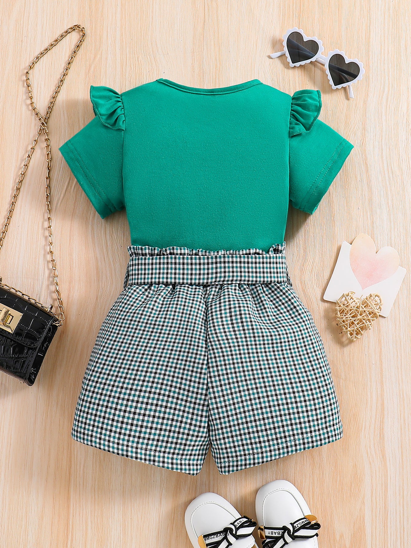 2pcs Girls Round Neck T-Shirt Ruffles Short Sleeves Tee Tops & Belted Plaid Shorts Set Summer Clothes