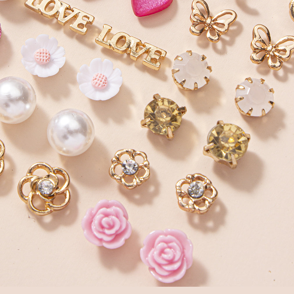 30pairs Butterfly Love Heart Small Flower Water Drop zirconia Snowflake Stud Earrings Set