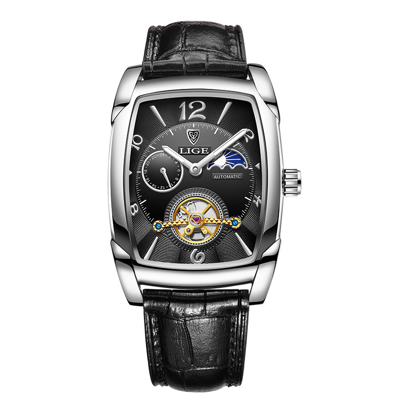 LIGE 2023 Vintage-Inspired Mechanical Men's Watch – Waterproof, Rectangular Leather Timepiece, Perfect Gift