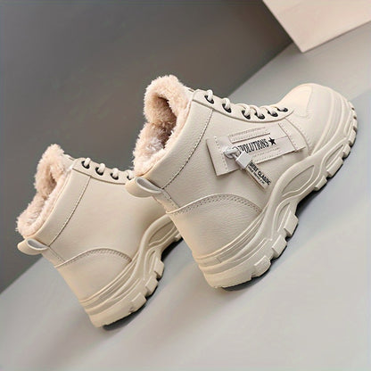 Women'S K2001 High-Top Winter Boots - Stylish White Lace-Up with Faux Fur Lining, Waterproof PVC Sole, Casual All-Season Footwear, Casual Winter Boots|Faux Fur Lined Boots|Laceup Boots