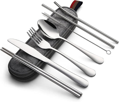 Portable Utensils, Travel Camping Cutlery Set, 8pcs including Knife Fork Spoon Chopsticks Cleaning Brush Straws Portable Case, Stainless Steel Flatware set
