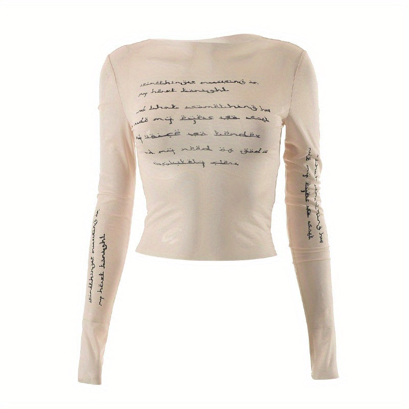 Trendy Letter Print Mesh Top - Fashionable & Breathable Semi-sheer Womens T-shirt - Long Sleeve Spring & Summer Essential