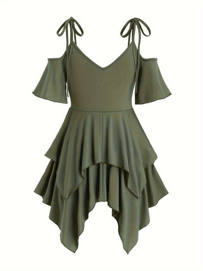 [One Cold Shoulder Drawstring T-shirt] Solid V Neck Cold Shoulder Drawstring T-shirt, Casual Asymmetrical Hem T-shirt For Summer, Women's Clothing