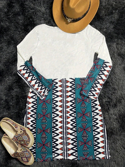 Aztec Print Ethnic Split Sleeve Dress, Boho Vintage V Neck Mini Dress, Women's Clothing