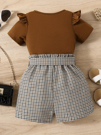 2pcs Girls Round Neck T-Shirt Ruffles Short Sleeves Tee Tops & Belted Plaid Shorts Set Summer Clothes
