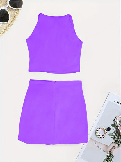 Beaded Color Block 2 Piece Set, Sexy Crop Halter Top & Asymmetrical High Waist Skirt, Women's Clothing