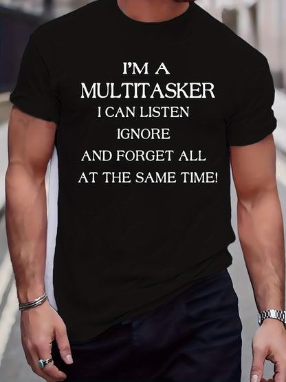 Men's Plus Size Beige T-Shirt - "I'm a Multitasker" Humorous Print, Casual Mid-Stretch Crew Neck, Short Sleeve, Ideal for Summer, Youth Casual Top|Humorous Print Tee|Nontransparent Material, PLUS SIZE