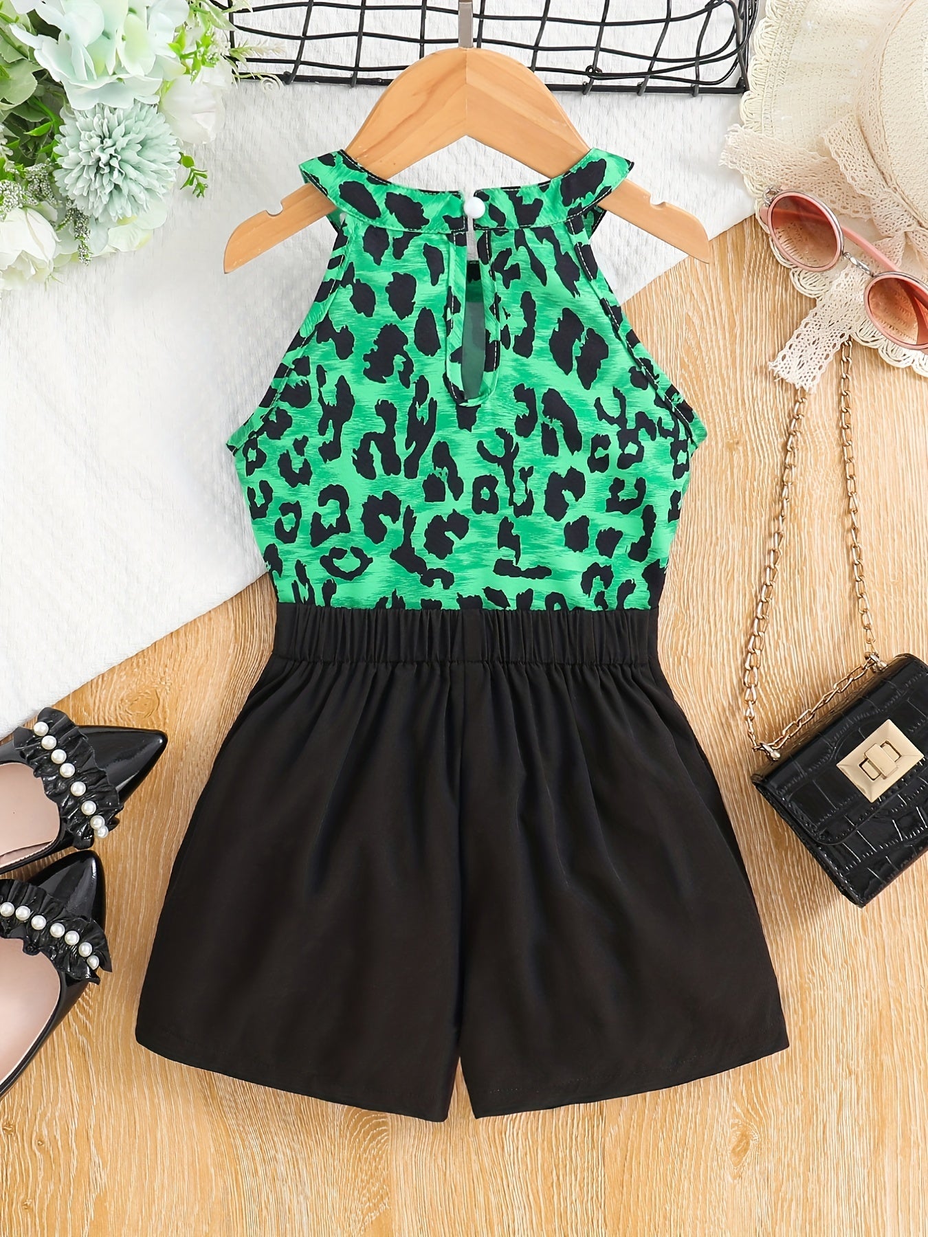 Girls Cold Shoulder Leopard Halter Top & Fake Button Shorts Set Kids Summer Clothes
