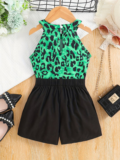 Girls Cold Shoulder Leopard Halter Top & Fake Button Shorts Set Kids Summer Clothes