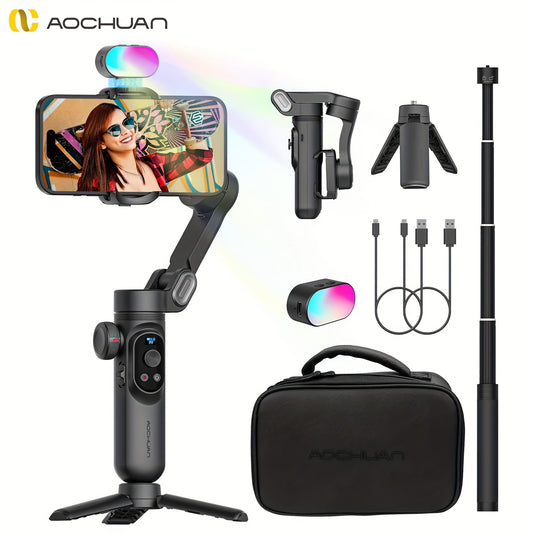 Smart X Pro Combo1 Gimbal Stabilizer - 3-Axis Professional Smartphone Stabilizer with RGB Fill Light, Extension Rod, OLED Display, Wireless Charging for iPhone 15/14/13 Pro Max, Galaxy S22, and More - Perfect for Smooth Video