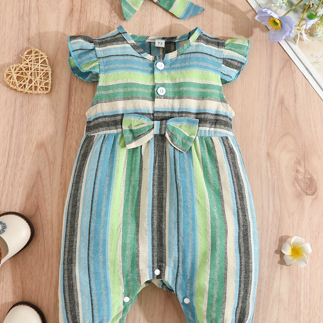 Baby Girls Striped Ruffled Romper Set with Bow Headband for Summer