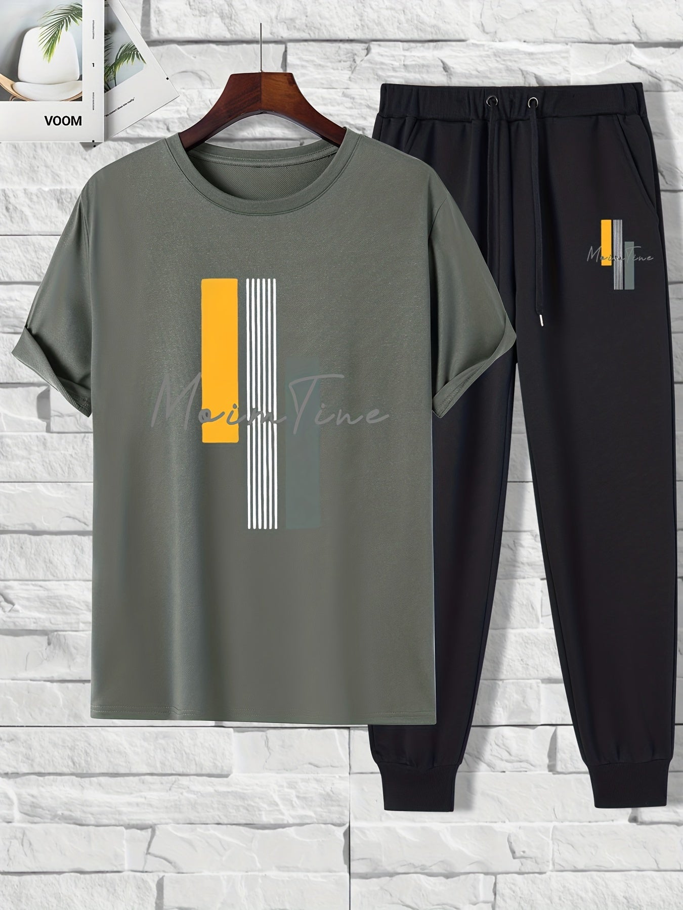 Color Blocks Print, Men's 2 Pieces Outfits, Short Sleeve T-Shirt And Drawstring Trousers Set