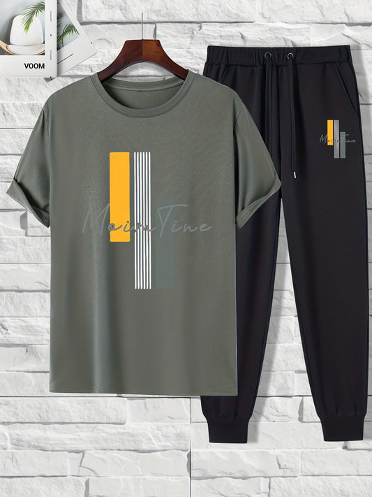 Color Blocks Print, Men's 2 Pieces Outfits, Short Sleeve T-Shirt And Drawstring Trousers Set