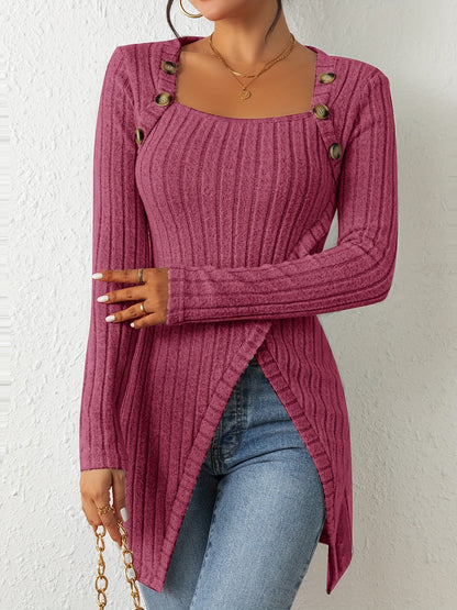 Button Decor Asymmetrical Hem T-Shirt, Casual Ribbed Long Sleeve Top For Spring & Fall, Women's Clothing