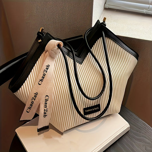 Large-Capacity Faux Leather Tote Bag - Stylish Zipper Closure, Fixed Shoulder Straps, Simple and Spacious Design for Work, Daily Use, and Travel - Durable, Easy-to-Clean, and Trendy Accessory
