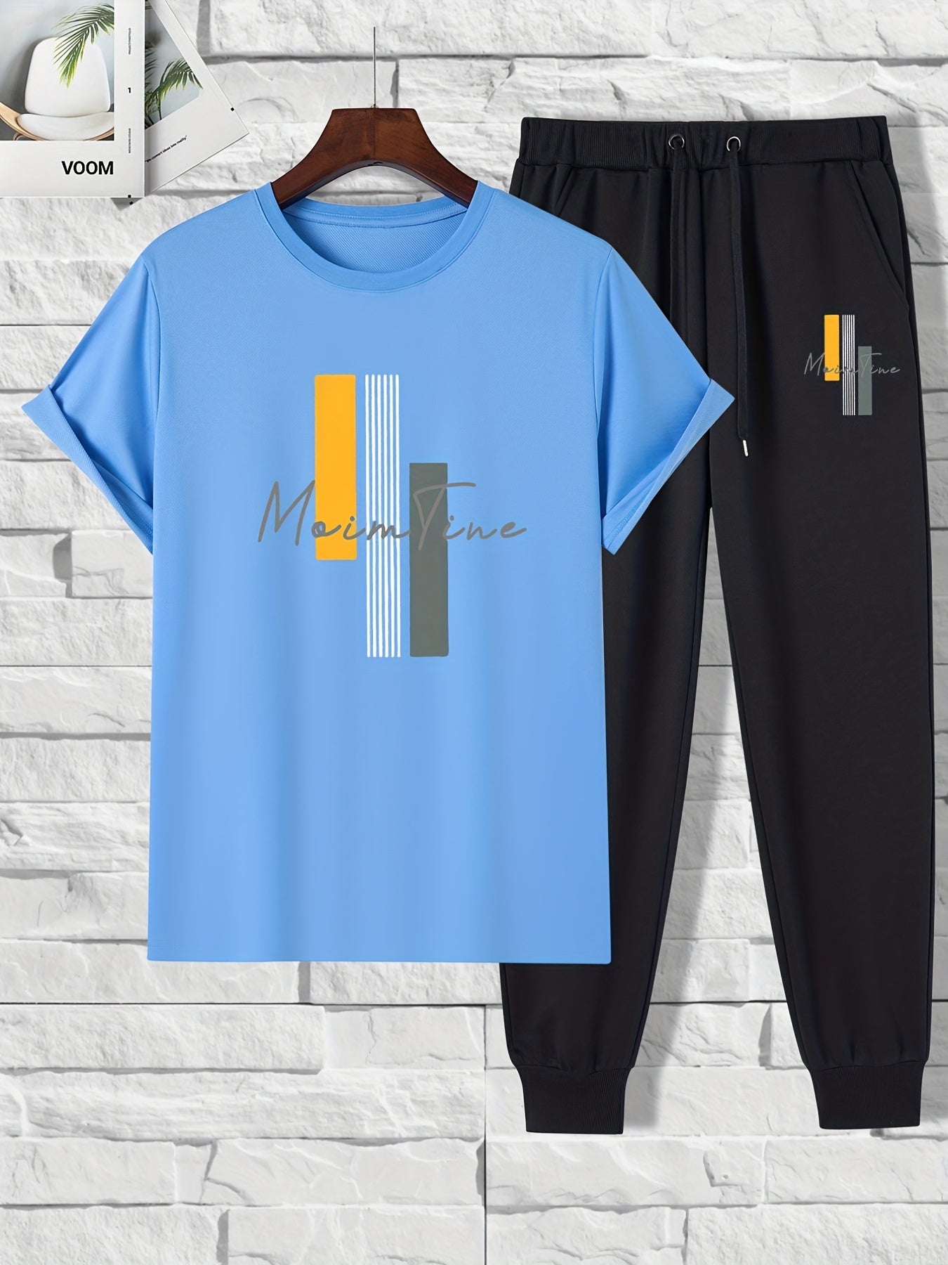 Color Blocks Print, Men's 2 Pieces Outfits, Short Sleeve T-Shirt And Drawstring Trousers Set