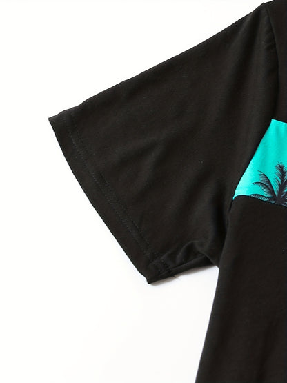 2Pcs Men's Palm Trees Print Casual Crew Neck Short Sleeve T-shirt And Drawstring Sweatpants Joggers Set For Summer