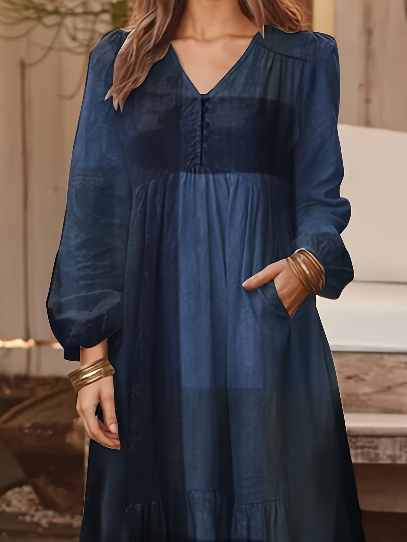 Patchwork Print Loose Dress, Boho V Neck Long Sleeve Dress, Women's Clothing