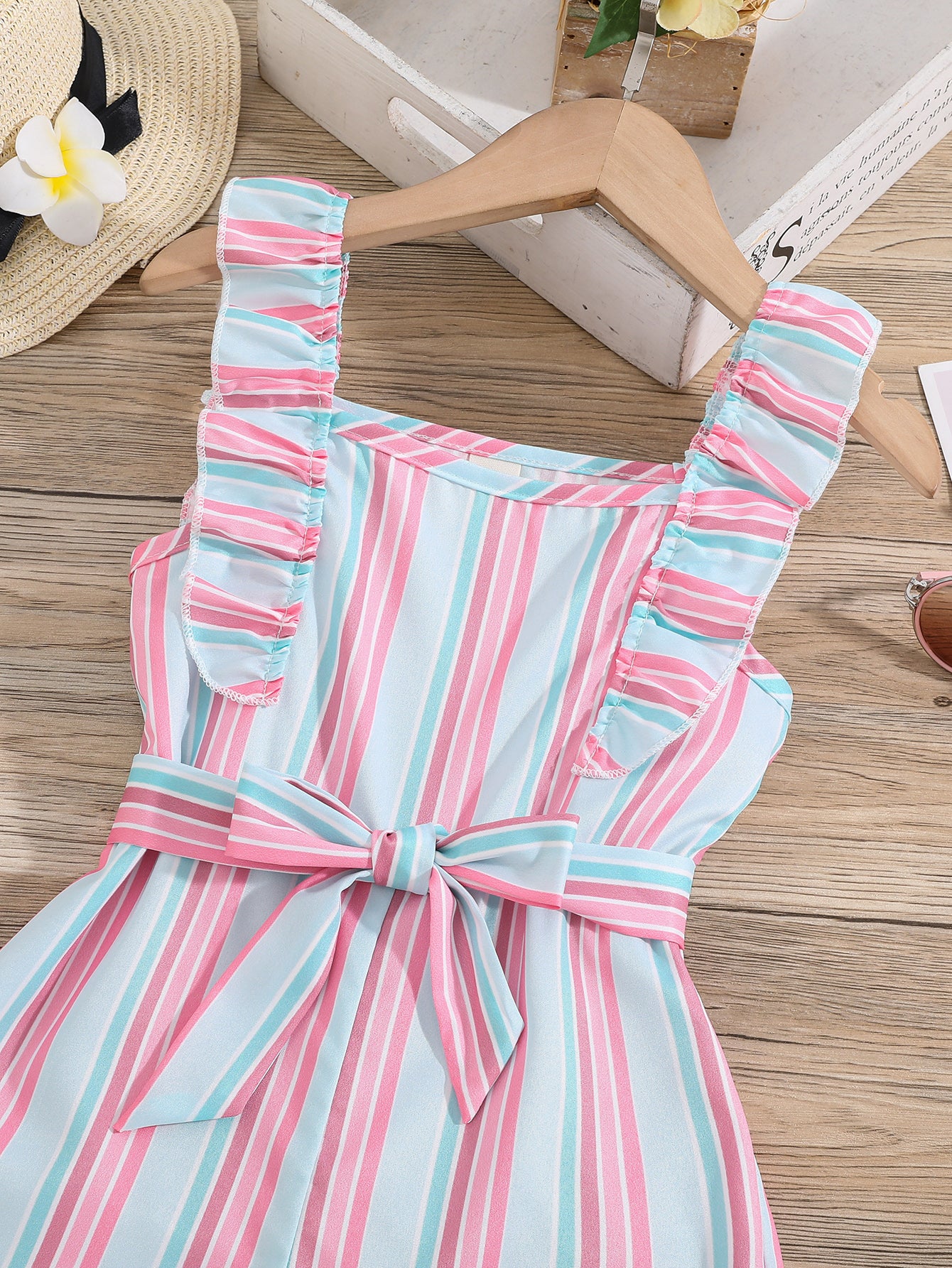 Girls Sleeveless Ruffle Trim Romper Striped Jumpsuit With Belt Kids Summer Clothes