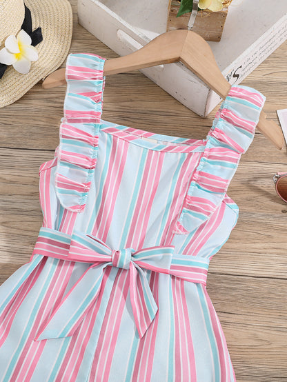 Girls Sleeveless Ruffle Trim Romper Striped Jumpsuit With Belt Kids Summer Clothes