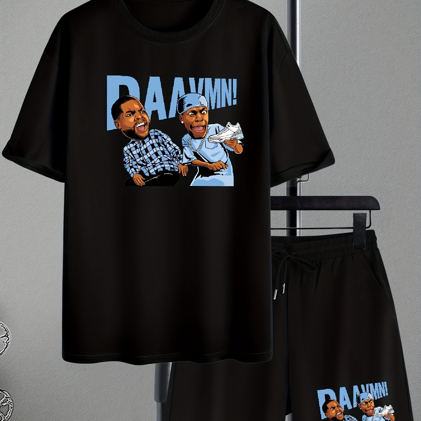 Men's Cartoon Letter Graphic Drop Shoulder Short Sleeve Crew Neck T-shirt & Drawstring Pockets Shorts Loungewear Set, Casual Fashion Skin-friendly And Comfortable Pajama Set, Plus Size
