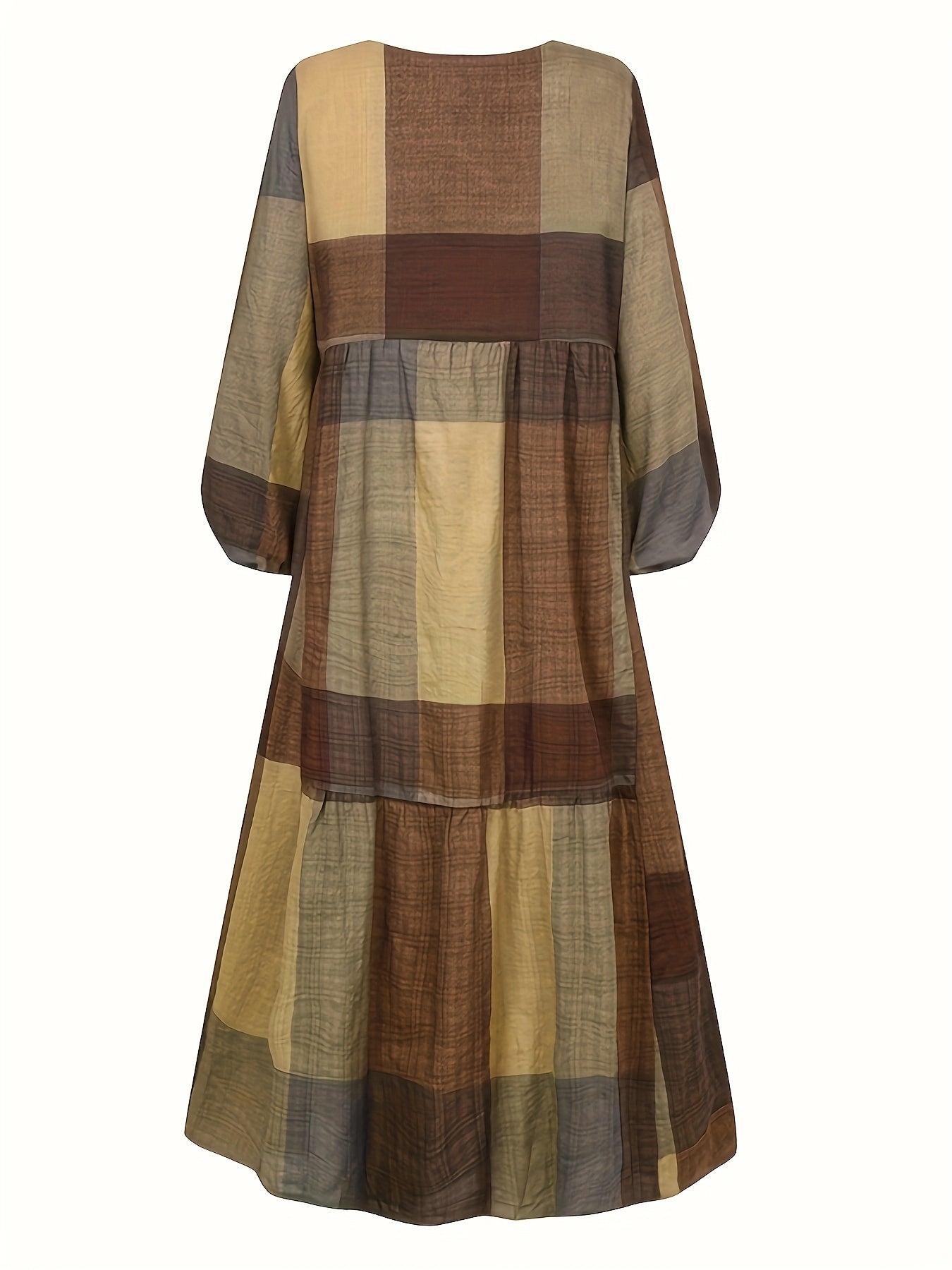 Patchwork Print Loose Dress, Boho V Neck Long Sleeve Dress, Women's Clothing